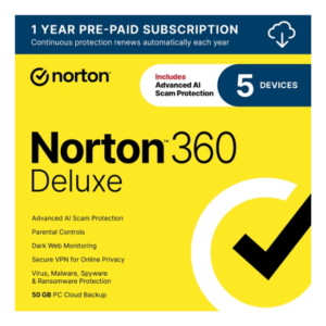 Norton 360 Luxurious Antivirus Computer program – 5 Gadgets, 1-Year Membership (PC/Mac/iOS/Android)